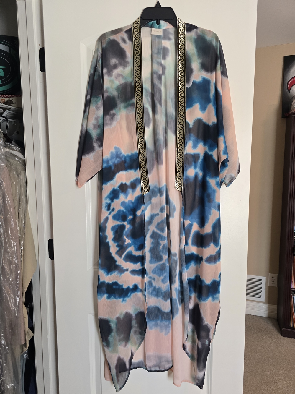 Suki So Tie Dyed Kimono Goddess Gold Black Blue One Size Pink Flowy Sheer